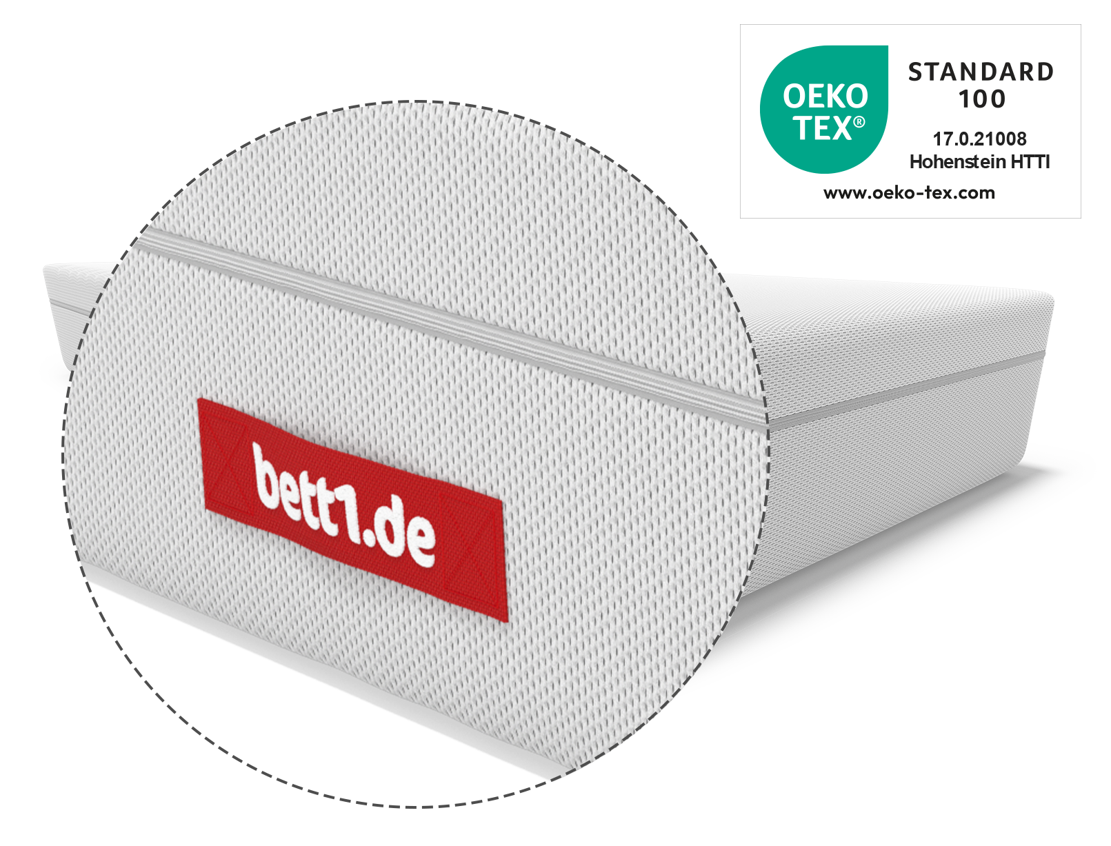 Image montrant le Matelas Flip® avec un zoom sur l’étiquette bett1.de sur la housse et le logo de certification OEKO-TEX® Standard 100.