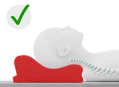 Illustration : mannequin allongé sur le côté repose sur un oreiller ergonomique rouge. La tête, le cou et la colonne vertébrale sont alignés. Un grand symbole de validation vert apparaît en haut à gauche.