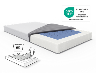 Matelas pour enfants avec housse de matelas repliée. Label Oeko-Tex®. Illustration du matelas pour enfants avec sigle de lavage à 60