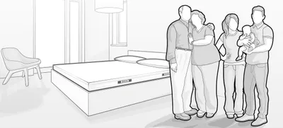 Illustration : Une famille avec un couple aé et un jeune couple tenant un bébé dans les bras debout devant un lit et matelas 160x200 BODYGUARD