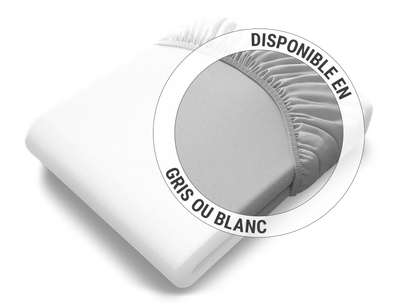 Le drap housse en jersey BODYGUARD® plié en blanc : Zoom sur le drap en version argentée. Texte : Disponible en gris ou blanc