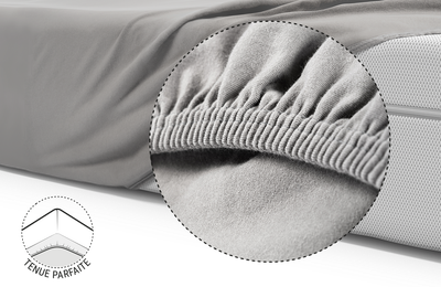 Le matelas BODYGUARD® Boxspring est recouvert d'un drap-housse extra haut. Zoom sur l'ourlet renforcé et élastique. Illustration montrant le dessous du matelas sur lequel l'ourlet du drap est tiré. Texte : tenue parfaite