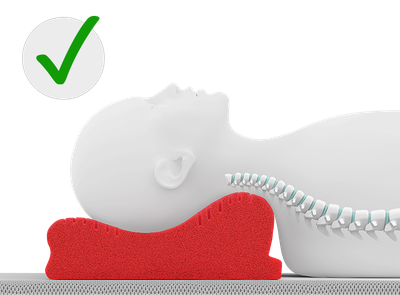 Illustration : mannequin allongé sur le côté repose sur un oreiller ergonomique rouge. La tête, le cou et la colonne vertébrale sont alignés. Un grand symbole de validation vert apparaît en haut à gauche.
